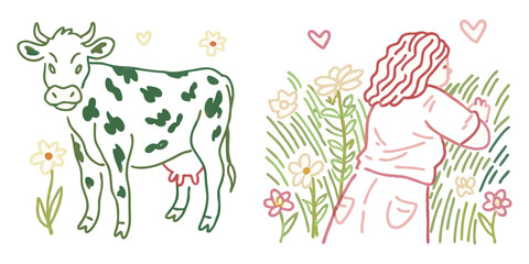 Naklejka premium Minimalist line art cow and woman in meadow, hand drawn farm animal and girl picking flowers, rustic cottagecore aesthetic vector illustrations