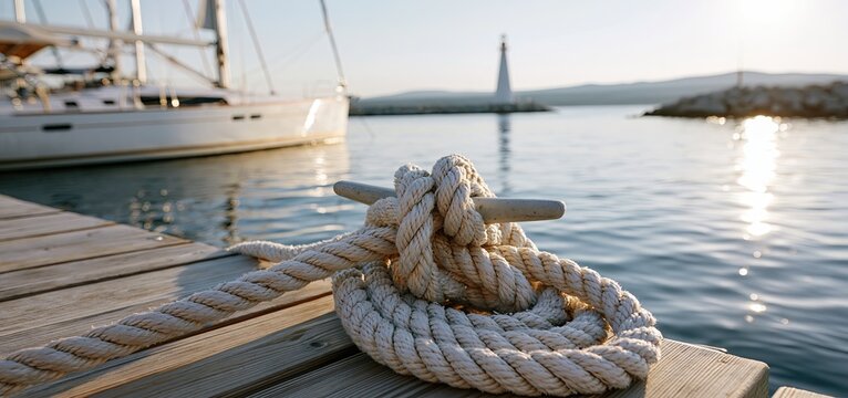 At sunrise in a tranquil marina, a sailboat is tied to the dock with sturdy marine rope near a distant lighthouse.