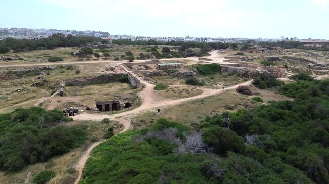 Aerial view of iconic UNESCO World Heritage site Tombs of the Kings in Paphos, Cyprus
