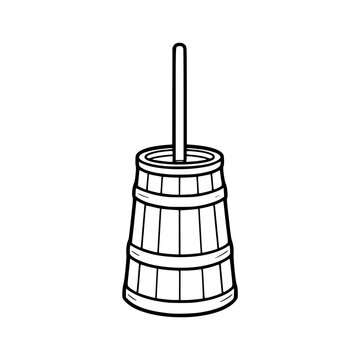 Hand drawn wooden barrel with a stand icon in outline style isolated on white.