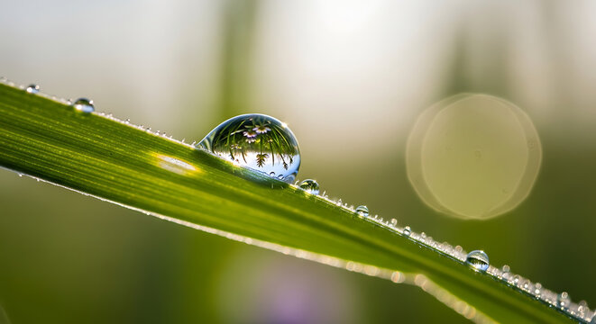 Macro photograph of a single translucent water drop on a green grass blade