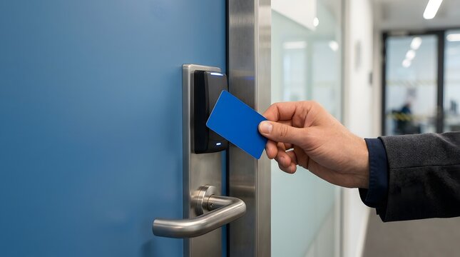 Using access card to open secure door with card reader.
