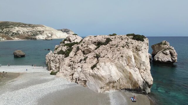 Aerial view of Petra tou Romiou Aphrodite Rock legendary birthplace in Paphos, Cyprus