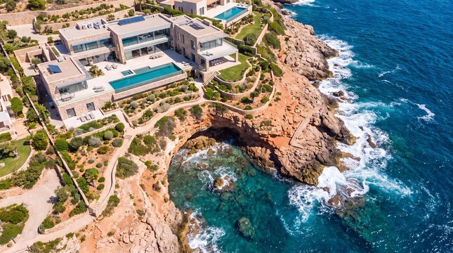 Luxury Coastal Villa: An aerial view showcases a breathtaking modern villa with an infinity pool, set against the dramatic backdrop of a rugged coastline and the azure Mediterranean Sea.