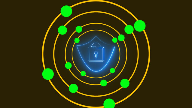 Shield icon overlays match unlocked padlock graphics with revolving green network data nodes. Cloud asset security training modules illustrate system access parameters via this shield icon.