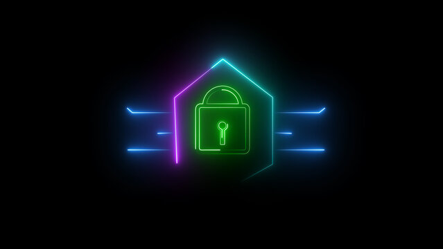 Geometric hexagon layers cross modern horizontal line tracks past multi color neon lock graphics. Encrypted network entry interface design toolkits utilize this secure geometric hexagon.