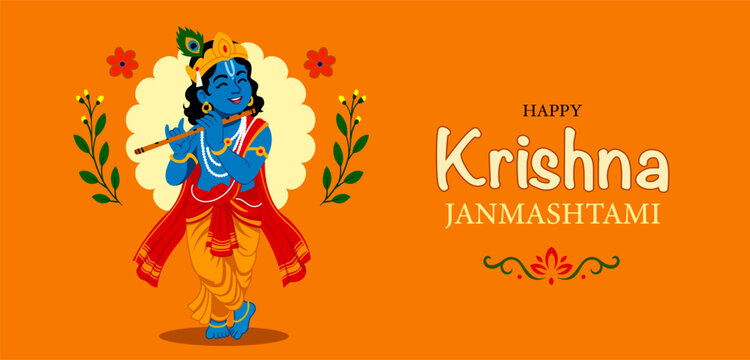 Happy Krishna Janmashtami Banner &mdash; Hindu God Playing Flute with Peacock Feather Crown