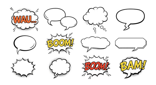 Set of comic book style speech bubbles and action clouds feature expressive words like boom and bam on a plain white background.