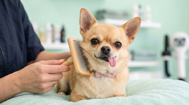 Professional groomer brushing cute chihuahua dog in modern pet salon. Woman caring for small funny dog with tongue out. Pet hygiene, grooming service and animal health