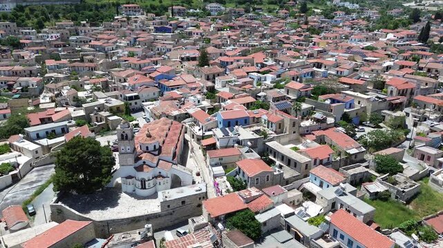 Aerial view of the historic Holy Cross church in the center of Lefkara village, Cyprus
