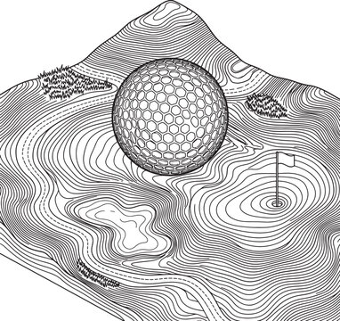 Topographical map golf course illustration with ball in mountain terrain on isolated transparent background.