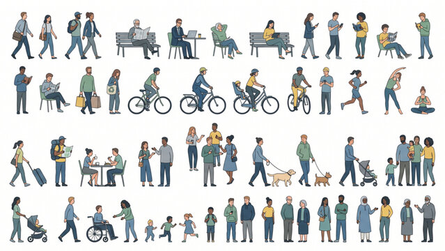 Mixed View Modern Human Activity Architectural Entourage Collection with Diverse People, Lifestyle Actions and Community Scenes, Editorial Vector, Isolated White Background