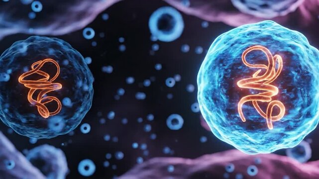 Microscopic view of a glowing lipid nanoparticle carrying mRNA for biotech vaccine research