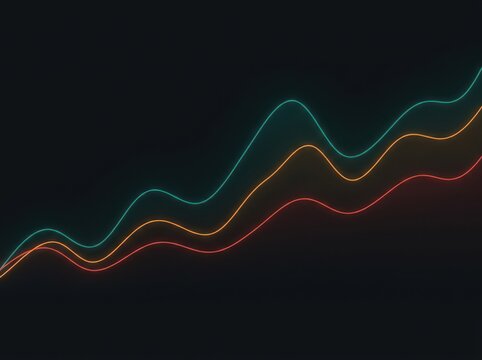 Three glowing colorful wave lines on a dark black background