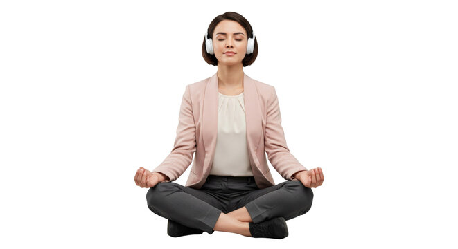 Businesswoman meditating cross legged with headphones and closed eyes isolated on transparent background