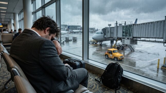 Tired man sitting in airport terminal waiting for flight. Businessman suffering from jet lag and exhaustion after long travel.