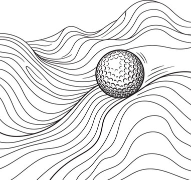 Golf ball rolling on wavy contoured terrain sketch style illustration for creative sport or golf course design.
