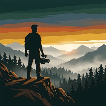 Silhouette of a male photographer standing on a rocky mountain cliff overlooking a vast foggy forest landscape at sunset time