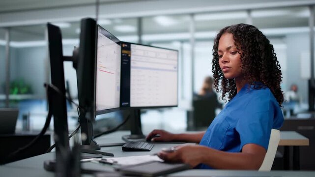 Female Healthcare Worker Updates Patient&rsquo;s Electronic Medical Records