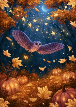 Charming Halloween card design with a magical owl and autumn leaves