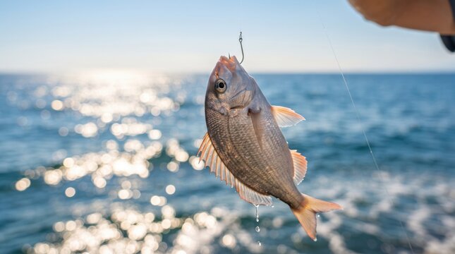 Fish caught on hook held by fisherman. Man fishing in ocean during sunny day.