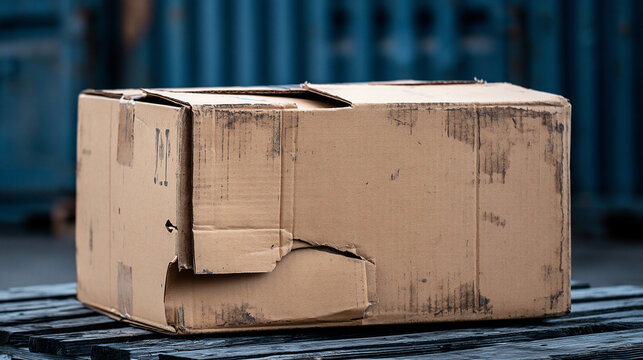 A heavily damaged and battered cardboard shipping box rests on wooden pallets. Perfect for packaging and supply chain damage concepts.