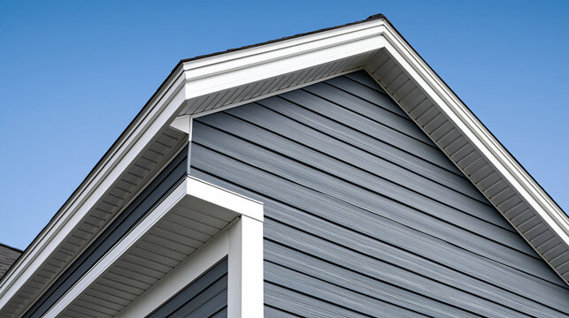 Modern house gable roof and blue siding against a clear sky. Ideal for architectural and construction concepts.