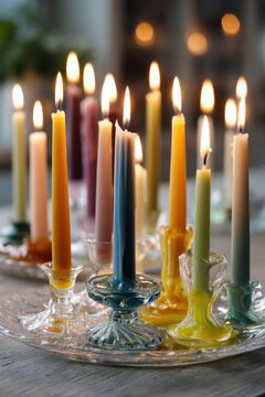 Artful interior featuring glowing pastel candles, colorful wax drips across a glass dish, and an inviting relaxed atmosphere