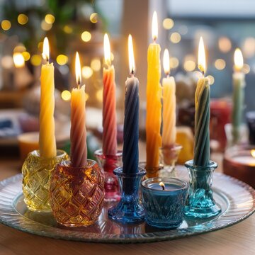 Cozy home vignette with pastel taper candles, flowing wax on a glass plate, and a warm artistic ambiance