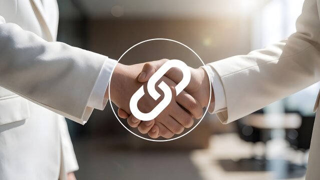 Business partners shaking hands with interconnected chain symbolizing collaboration and unity