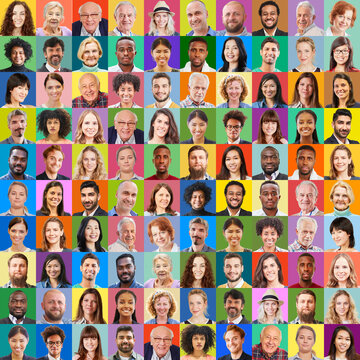 Quadratische Collage von Erwachsenen verschiedener Generationen vor farbenfrohen Hintergr&uuml;nden