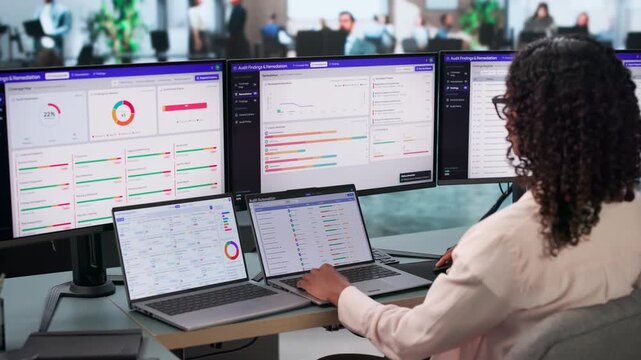 Auditor Reviews Compliance Dashboard On Laptop