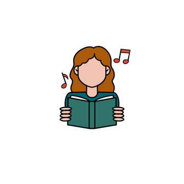 Woman reading book or singing with music notes illustration