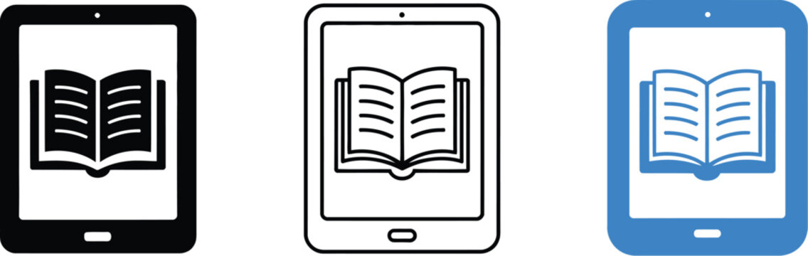 E-book reader icon featuring digital book, tablet, library, education, reading, and editable vector illustration in outline, flat, and colored styles.