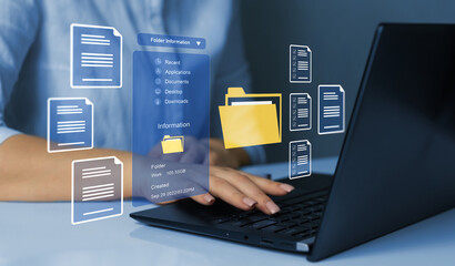 Process automation to efficiently manage files. Businesswoman working on laptop with virtual...