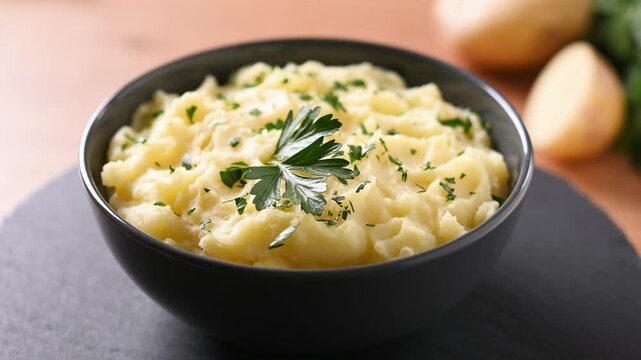 Creamy mashed potatoes rotating on wooden table