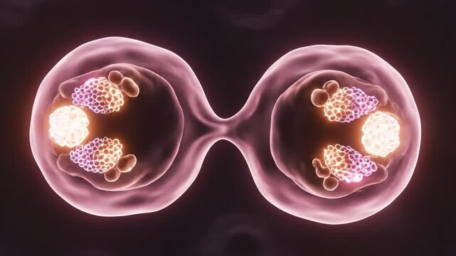 Microscopic view of a single cell dividing into two identical daughter cells with pink lighting