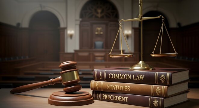 Legal symbols of justice: A gavel, scales, and law books on a courtroom desk.