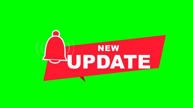 Software update alert banner displaying bold white typography on a smooth red label accompanied by a ringing notification bell icon over chroma key green.