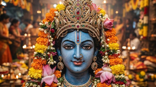 Hindu God Lord Krishna statue surrounded by traditional garlands. Hindu Puja. Vishu festival celebration. Ugadi, Gudi Padwa, Diwali or Krishna ... See More