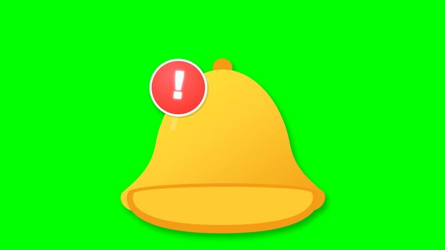 Golden notification bell with a bright red exclamation mark symbol rendered in clean 2D vector style over a vivid green screen.