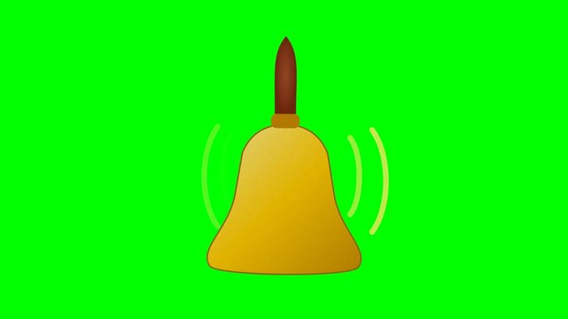 Animated ringing yellow handbell with sound wave lines rendered digitally on a vibrant green chroma key screen.