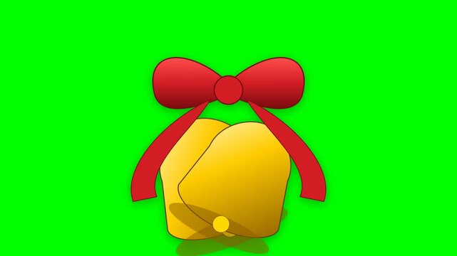 Bell features a smooth golden finish adorned with a rich red ribbon bow against a flat green screen background for easy compositing.