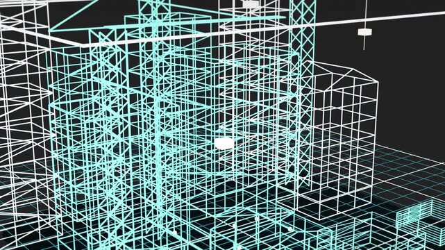 Neon wireframe skyscrapers rise from a digital grid as a virtual city takes shape, offering a futuristic 3D visual for smart infrastructure and business marketing.