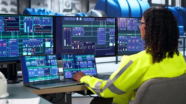 Gas Engineer Carefully Monitors Turbine Control System