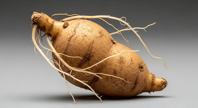 Fresh raw organic ginger root with fibrous roots isolated on grey, vegetable