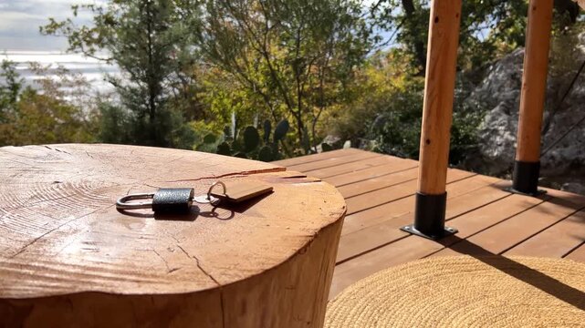 house keys on wooden stump on veranda creating cozy countryside home concept of property access vacation rental hospitality and rural living