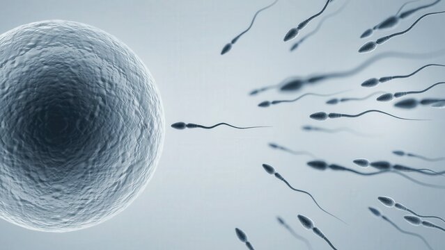 Microscopic view of sperm cells swimming towards human egg cell for fertilization biology concept with fertilization, reproduction