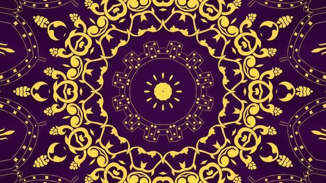 Deep royal purple and golden mandala ornament for elegant vintage floral circular background luxury backdrop frame