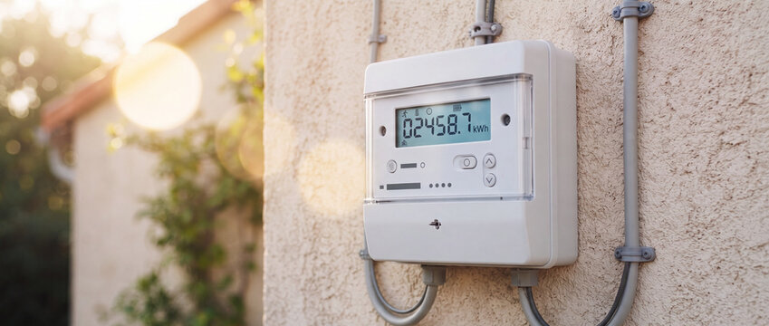 Smart meter installed on an exterior stucco wall features a digital lcd screen tracking kilowatt hours under natural sunlight for residential energy efficiency and management